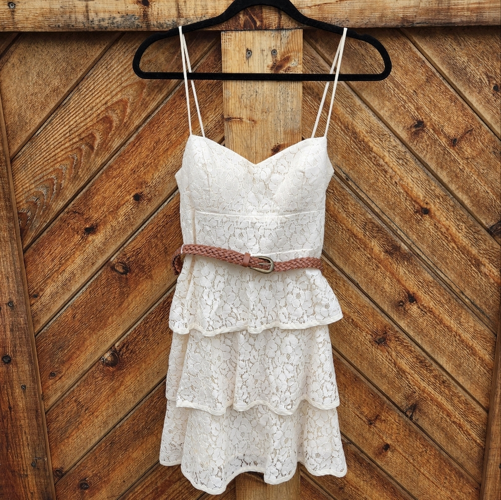 B Smart by B Darlin Tiered Cream Lace Belted Dress